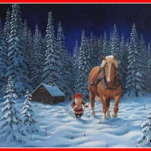 Bonad häst och tomte i skogen